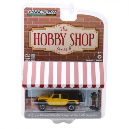 Carro Greenlight The Hobby Shop - Jeep Wrangler Rubicon Hard Rock With Backpacker 2015 - Escala 1/64 (97080-f)