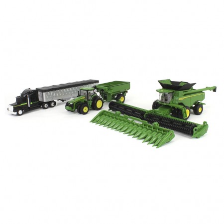 Conjunto de Colheita John Deere 1:64  X9 1100 Combine, Trator 8r 370, Grain Cart e Caminho Com Carreta  Ertl Replica Play (45955)