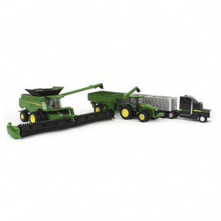 Conjunto de Colheita John Deere 1:64  X9 1100 Combine, Trator 8r 370, Grain Cart e Caminho Com Carreta  Ertl Replica Play (45955)