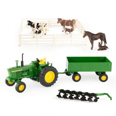 Conjunto Tomy Farm Set John Deere Com Trator 4020, Arado, Carreta e Animais - Escala 1/32 (15474at)