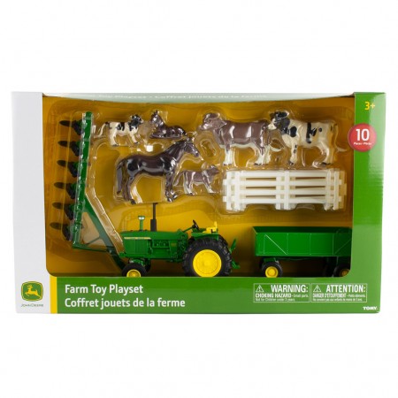 Conjunto Tomy Farm Set John Deere Com Trator 4020, Arado, Carreta e Animais - Escala 1/32 (15474at)