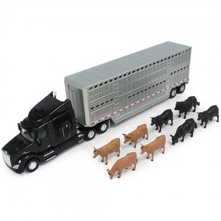 Caminho Tomy Ertl - Peterbilt 579 With Livestock Trailer And Cattle 46486 - Black - Escala 1/32