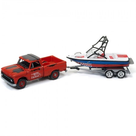 Carro Johnny Lightning Gone Fishing - Chevy Truck Red W/ Boat Jlbt004a  - Ano 1965 - Escala 1/64