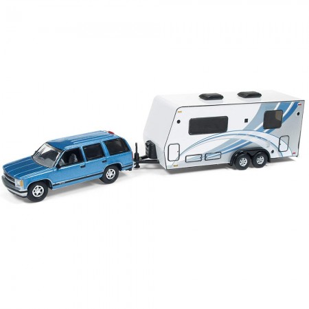 Carro Johnny Lightning Truck And Trailer - Chevy Tahoe Blue Jlbt007b - Ano 1997 - Escala 1/64