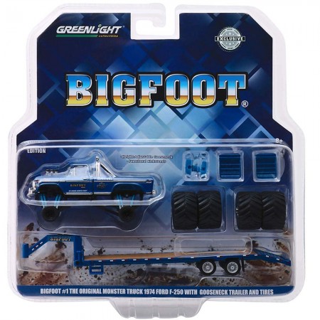 Carro Greenlight Hobby Exclusive - Ford F-250 1974 Monster Truck With Gooseneck Trailer And Tires Big Foot - Escala 1/64 (30054)