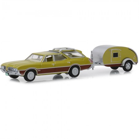 Carro Greenlight Hitch & Tow - Oldsmobile Vista Cruiser 1971 And Teardrop Trailer - Escala 1/64 (32170-a)