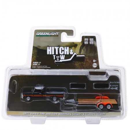 Carro Greenlight Hitch & Tow - Ford F-100 And Free Wheeling Stripes & Flatbed Trailer - Escala 1/64 (32170-b)