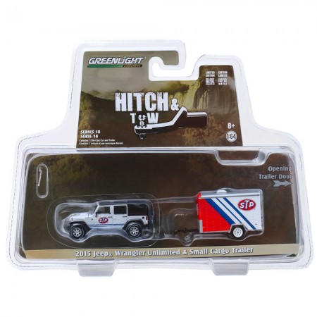 Carro Greenlight Hitch & Tow - Jeep Wrangler Unlimited 2015 And Small Stp Cargo Trailer - Escala 1/64 (32180-b)