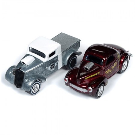 Carros Johnny Lightning Willys Gassers - Willys Coupe 1941 & Willys Pickup 1933 - Escala 1/64 (jlpk007)