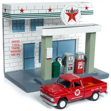Carro e Cenrio Johnny Lightning Texaco Service Station Diorama - Chevrolet Pickup 1965 - Escala 1/64 (jlsd001)