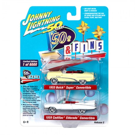 Carros Johnny Lightning 50's & Fins - Buick Super Convertible 1953 & Cadillac Eldorado Convertible 1959 - Escala 1/64 (jlpk008)